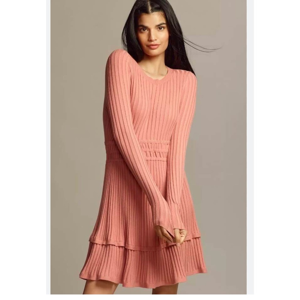 Anthropologie Somerset Mini Sweater Dress Pink‎ Rose Ribbed Knit Tiered Ruffle M
